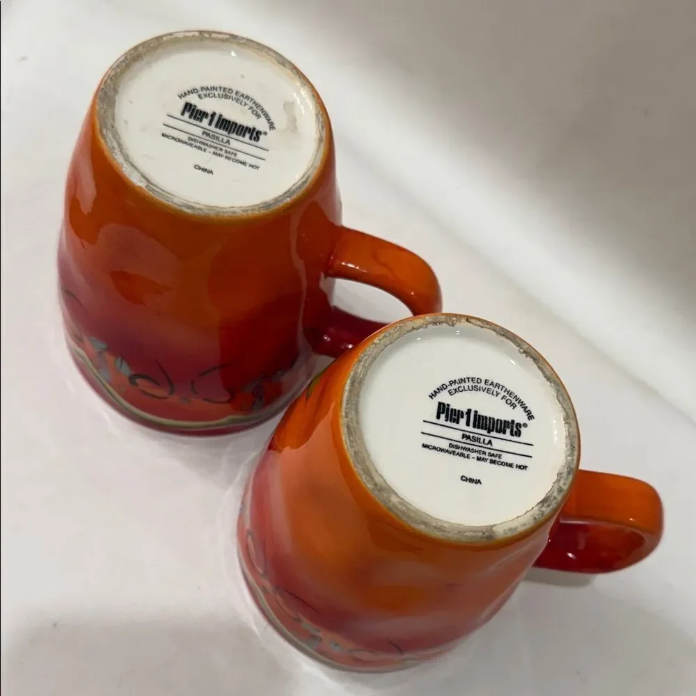 Pier 1 Vibrant Pasilla Red Yellow  2 Mug Set Vintage Pepper Design 3 In Round